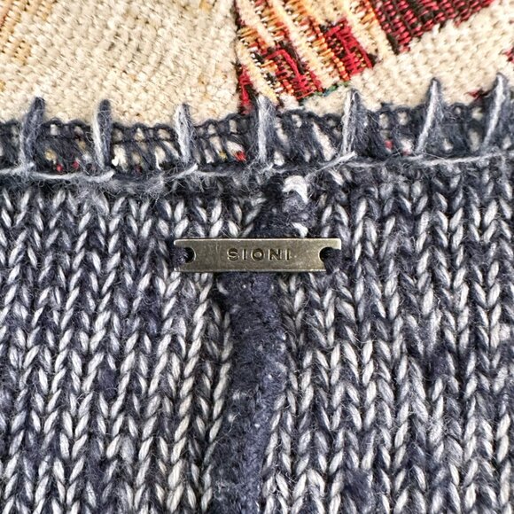 Sioni Knit Cardigan Sweater Sz M Navy Patchwork Southwestern Tapestry Trim Boho - Picture 8 of 10